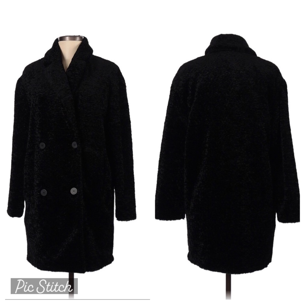 NWT Zara Black Faux Fur Teddy Bear Double Breasted Button Down Coat Jacket XS